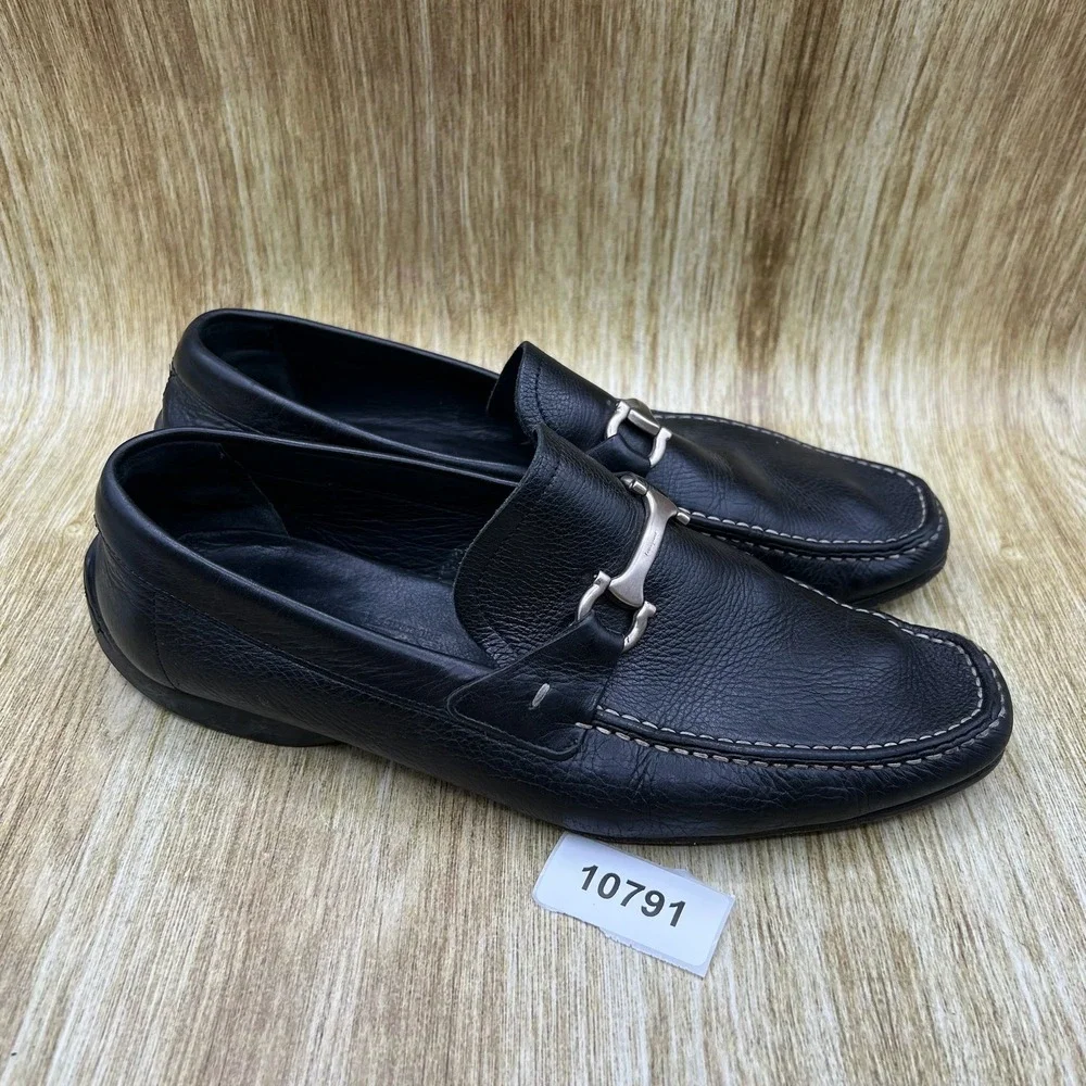 Salvatore Ferragamo Gancini Bit Loafers Men's 8.5 EE Black Pebbled Leather Italy